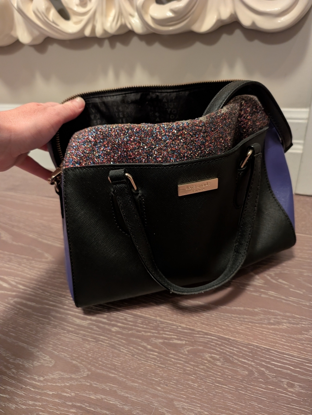 Kate Spade Black Leather Satchel with Multicolor Glitter